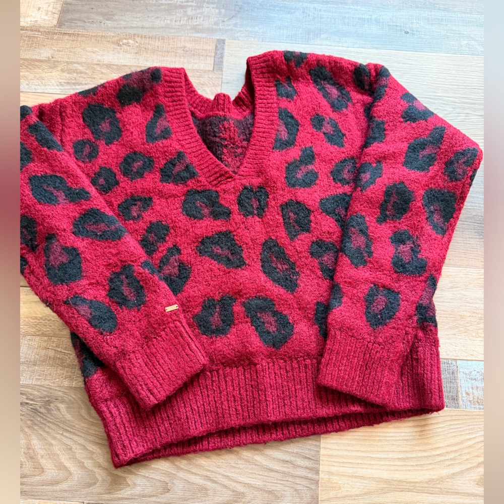 Victoria's Secret Red and Black Leopard V-Neck Sweater